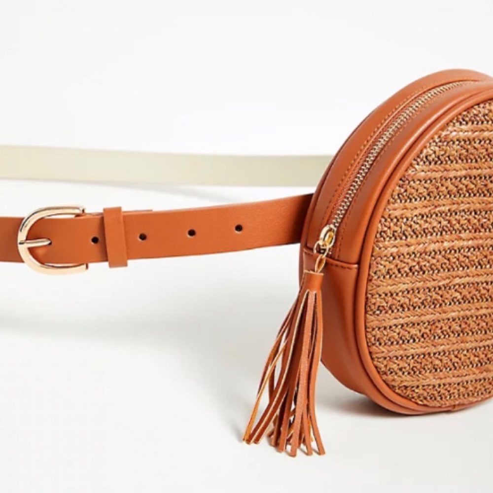 ๐ Cognac Faux Leather & Straw Round Belt Bag 2 2X 18 20 NWT Torrid New! Brown - Picture 3 of 4